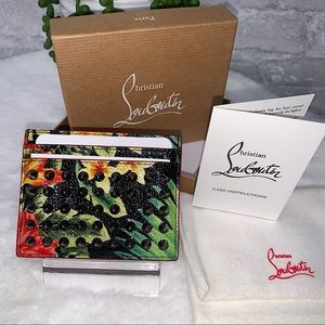 NWT Christian Louboutin Card Case Spike Studs Gun Metallic Floral KIOS Hawaii